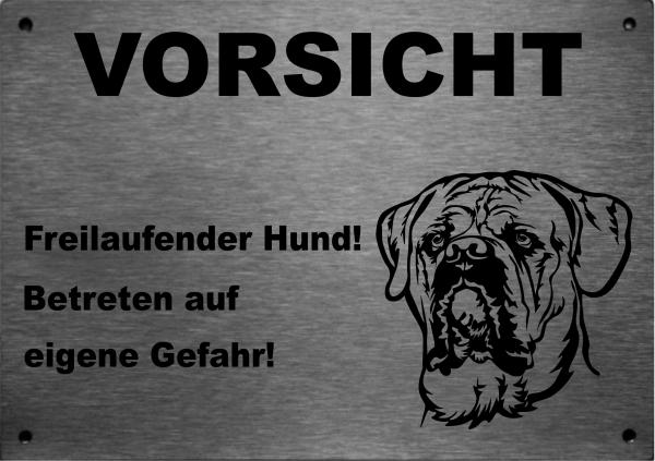 Edelstahl Warnschild Cane Corso VORSICHT Freilaufender Hund! Betreten auf eigene Gefahr!